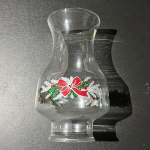 Vintage 1980s Holiday Clear Glass Hurricane Lamp Shade Christmas Holly Bow F.D.T
